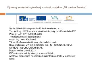 Výukový materiál vytvořený v rámci projektu „EU peníze školám“