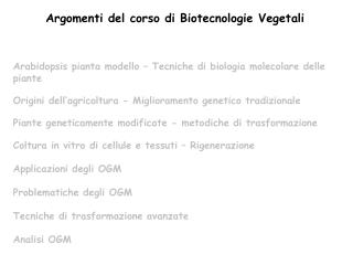 Argomenti del corso di Biotecnologie Vegetali