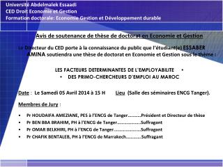 Avis de soutenance de thèse de doctorat en Economie et Gestion