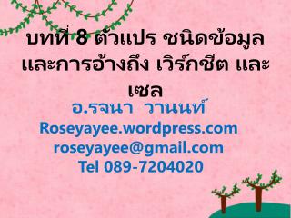 บทที่ 8 ตัวแปร ชนิดข้อมูลและการอ้างถึง เวิร์ก ชีต และเซล