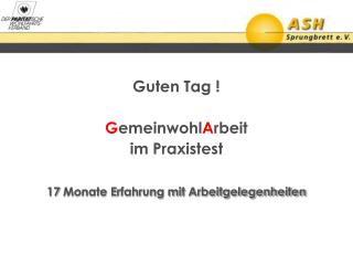 Guten Tag ! G emeinwohl A rbeit im Praxistest 17 Monate Erfahrung mit Arbeitgelegenheiten