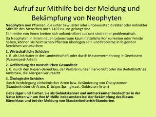 Aufruf zur Mithilfe bei der Meldung und Bekämpfung von Neophyten