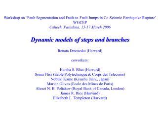 Workshop on ‘Fault Segmentation and Fault-to-Fault Jumps in Co-Seismic Earthquake Rupture’ WGCEP