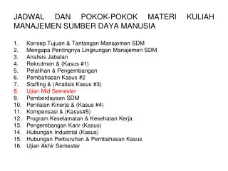 JADWAL DAN POKOK-POKOK MATERI KULIAH MANAJEMEN SUMBER DAYA MANUSIA