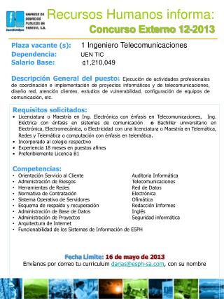 Recursos Humanos informa: Concurso Externo 12-2013