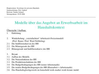 Hauptseminar: Soziologie des privaten Haushalts Seminarsleitung: Prof. Andreß