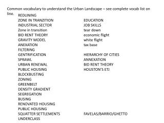 Common vocabulary to understand the Urban Landscape – see complete vocab list on line.