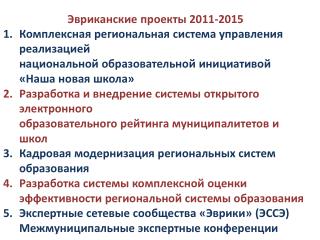Эвриканские проекты 2011-2015