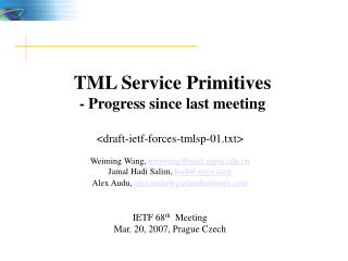 TML Service Primitives - Progress since last meeting