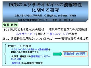 PCB のムラサキイガイへの濃縮特性に関する研究 京都大学大学院工学研究科　○新海貴史、田中康寛、津野洋 兵庫県立健康環境科学センター　中野　武、松村千里