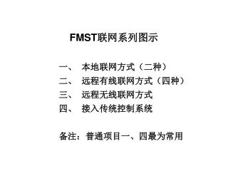 一、 本地联网方式（二种） 二、 远程有线联网方式（四种） 三、 远程无线联网方式 四、 接入传统控制系统 备注：普通项目一、四最为常用