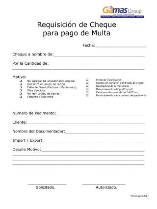 Requisición de Cheque para pago de Multa