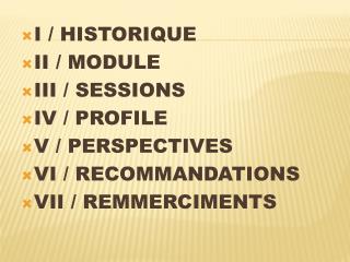 I / HISTORIQUE II / MODULE III / SESSIONS IV / PROFILE V / PERSPECTIVES VI / RECOMMANDATIONS