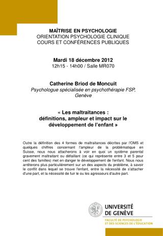 MAÎTRISE EN PSYCHOLOGIE ORIENTATION PSYCHOLOGIE CLINIQUE COURS ET CONFÉRENCES PUBLIQUES