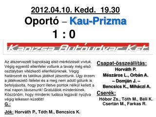 2012.04.10. Kedd. 19.30 Oportó – Kau-Prizma 		 1 : 0