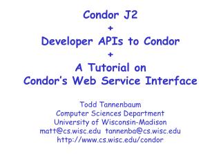 Condor J2 + Developer APIs to Condor + A Tutorial on Condor’s Web Service Interface