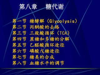 第八章 糖代谢 第一节 糖酵解（ Glycolysis ） 第二节 丙酮酸的去路 第三节 三羧酸循环（ TCA ） 第四节 蔗糖和多糖的分解 第五节 乙醛酸循环途径 第六节 磷酸戊糖途径