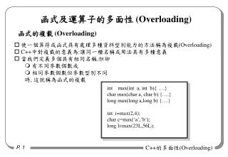 使一個算符或函式具有處理多種資料型別能力的方法稱為複載 (Overloading) C++ 中對複載的意義為 : 讓同一種名稱或用法具有多種意義 當我們定義 多個具有相同名稱 , 但卻