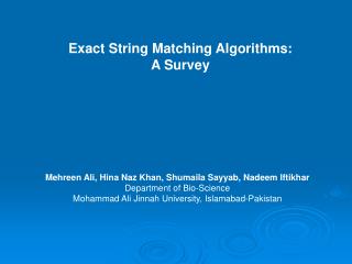 Exact String Matching Algorithms: A Survey