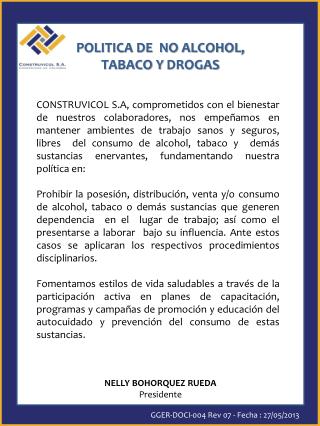 POLITICA DE NO ALCOHOL, TABACO Y DROGAS