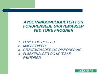 AVSETNINGSMULIGHETER FOR FORURENSEDE GRAVEMASSER VED TORE FROGNER