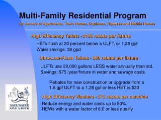 HETs flush at 20 percent below a ULFT, or 1.28 gpf Water savings: 38 gpd