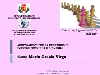 AGEVOLAZIONI PER LA CREAZIONE DI IMPRESE FEMMINILI E GIOVANILI d.ssa Maria Grazia Virga