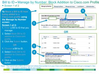 Bill to ID - Manage by Number: Block Addition to Cisco Profile - Screen 1 of 2