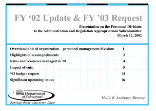 FY ‘02 Update &amp; FY ’03 Request