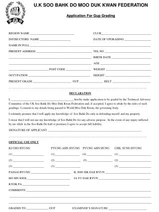 U.K SOO BAHK DO MOO DUK KWAN FEDERATION Application For Gup Grading