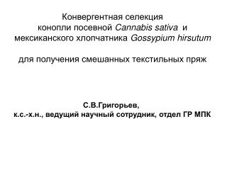 С.В.Григорьев, к.с.-х.н., ведущий научный сотрудник, отдел ГР МПК
