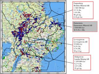 Zinkgruvan Lundin Mining AB 1 109 000 t/yr 8,2 % Zn, 3,9 % Pb, 55 g/t Ag