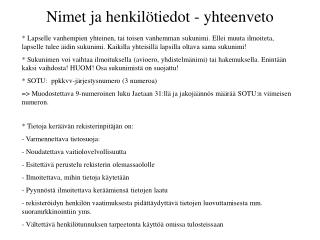 Nimet ja henkilötiedot - yhteenveto