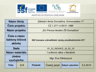 Vzdělávací oblast: Jazyk a jazyková komunikace Vzdělávací obor: Český jazyk a literatura