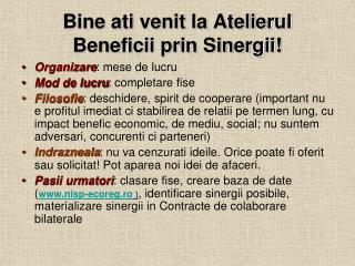 Bine ati venit la Atelierul Beneficii prin Sinergii!