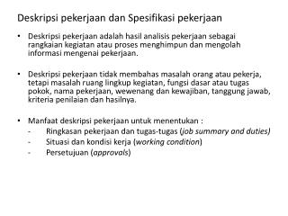 Deskripsi pekerjaan dan Spesifikasi pekerjaan