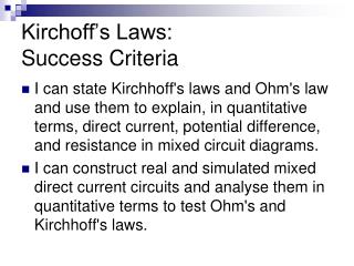 Kirchoff’s Laws: Success Criteria