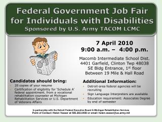 Federal Government Job Fair for Individuals with Disabilities Sponsored by U.S. Army TACOM LCMC