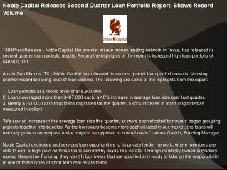 Noble Capital Releases Second Quarter Loan Portfolio Report