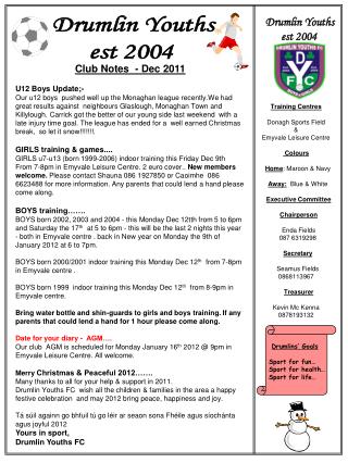 Club Notes - Dec 2011 U12 Boys Update;-