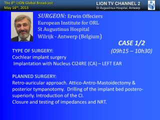 TYPE OF SURGERY: Cochlear implant surgery Implantation with Nucleus CI24RE (CA) – LEFT EAR