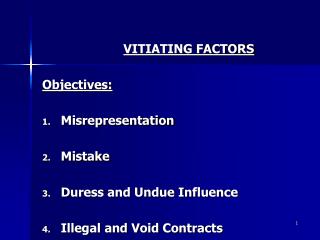 VITIATING FACTORS Objectives: Misrepresentation Mistake Duress and Undue Influence