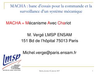 MACHA : banc d’essais pour la commande et la surveillance d’un système mécanique