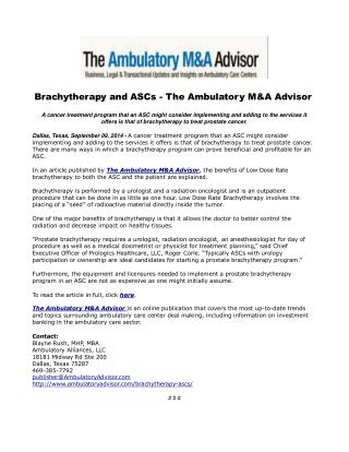 Brachytherapy and ASCs - The Ambulatory M&A Advisor