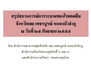 สรุปสถานการณ์การระบาดของโรคคอตีบ จังหวัดเลย เพชรบูรณ์ หนองบัวลำภู ณ วันที่ ๒๕ กันยายน ๒๕๕๕