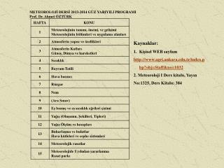METEOROLOJİ DERSİ 20 13 -2014 GÜZ YARIYILI PROGRAMI Prof. Dr. Ahmet ÖZTÜRK