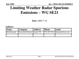 Limiting Weather Radar Spurious Emissions – WG SE21