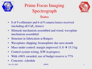Prime Focus Imaging Spectrograph Status