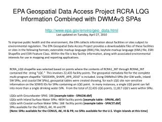 EPA Geospatial Data Access Project RCRA LQG Information Combined with DWMAv3 SPAs