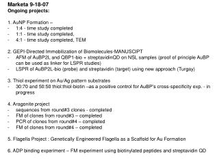 Marketa 9-18-07 Ongoing projects: 1. AuNP Formation – 1:4 - time study completed